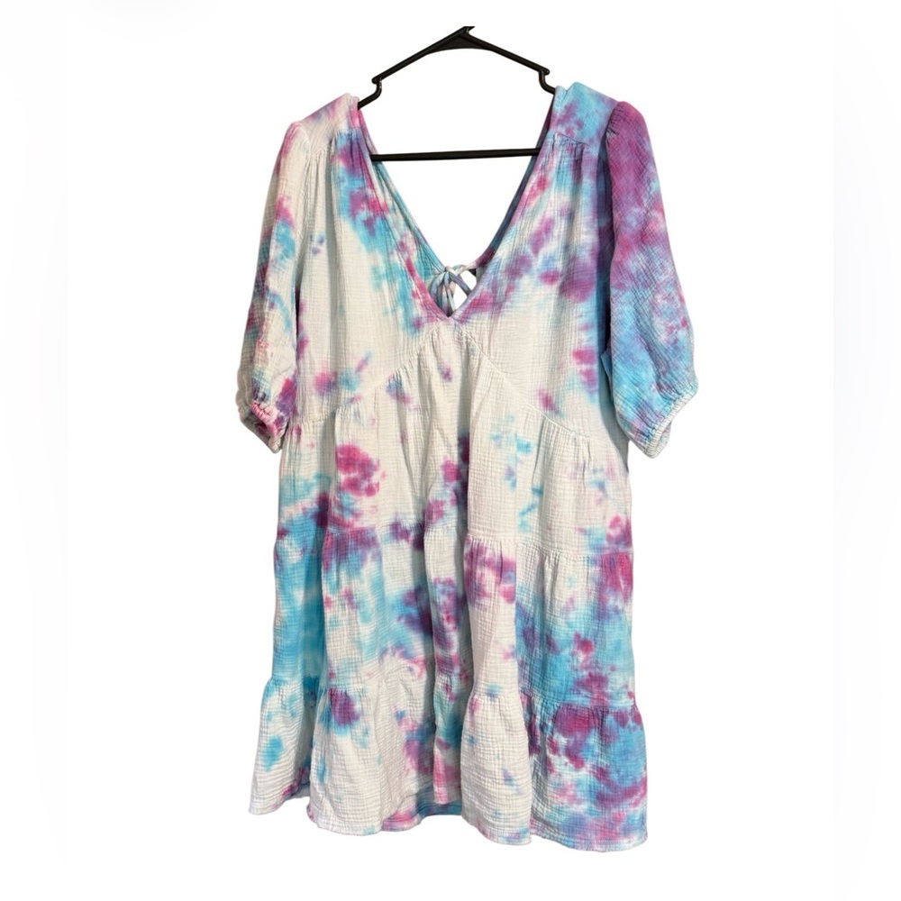 Aerie Tie Dye Babydoll Mini Dress XXL Blue Pink Puff Sleeve Cotton Boho